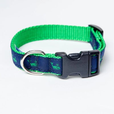 Navy + Green Whale Adjustable Dog Collar (Made in the USA)